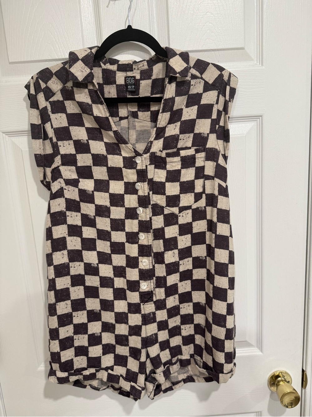 BDG Black and Cream Checkerboard Button-Up Romper